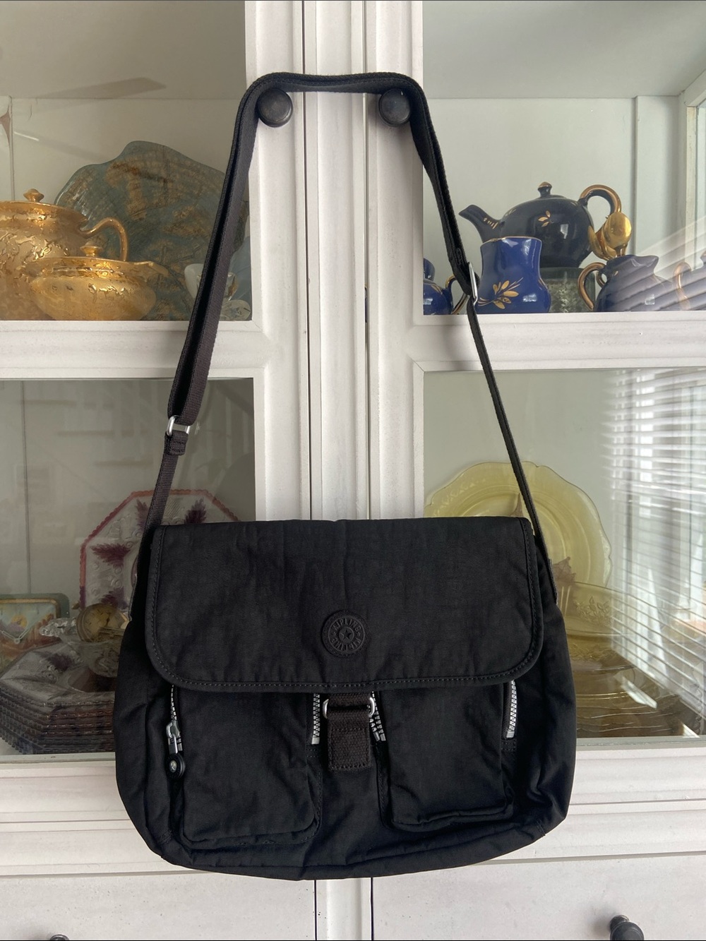 Kipling Black Nylon Messenger Bag with Front Pockets